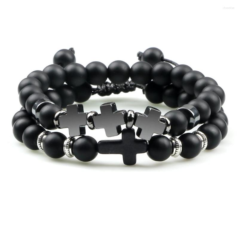 

Strand 2pcs Men Cross Beads Bracelets Natural Lava Rock Stone Onyx Meditation Prayer Bracelet Handmade Bangles Charm Jewelry