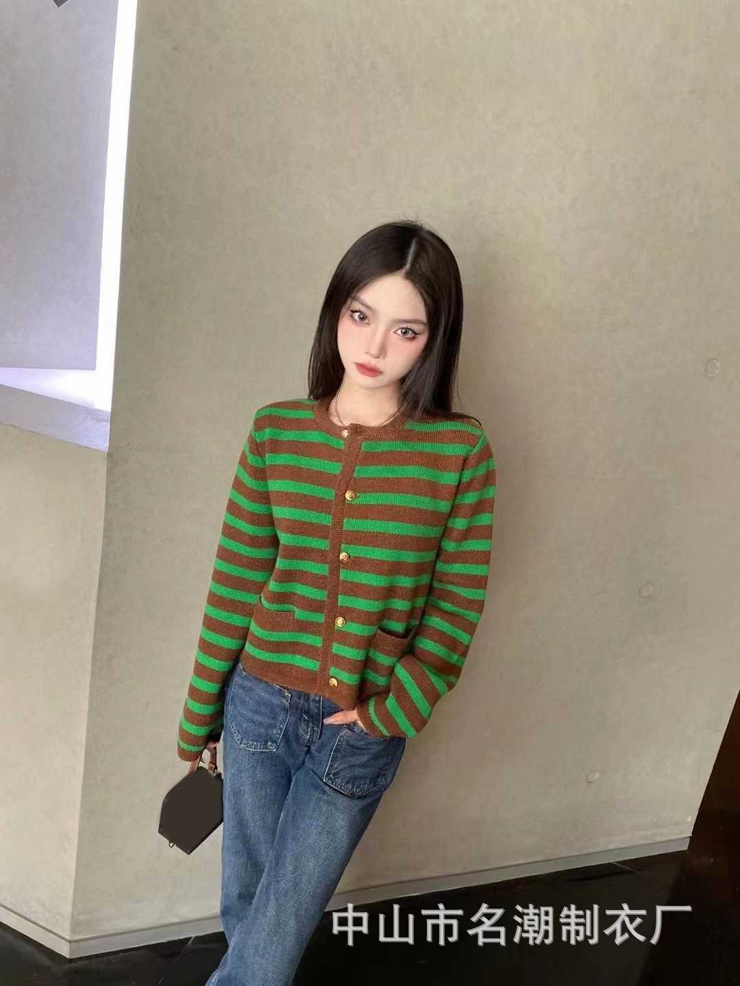 

Women' Jacket Sweater Coat Cell 22FW Celebrity Stripe Round Neck Knitted Cardigan Single Breasted Long Sleeve Woolen Top Autumn 2022Elegant, Green