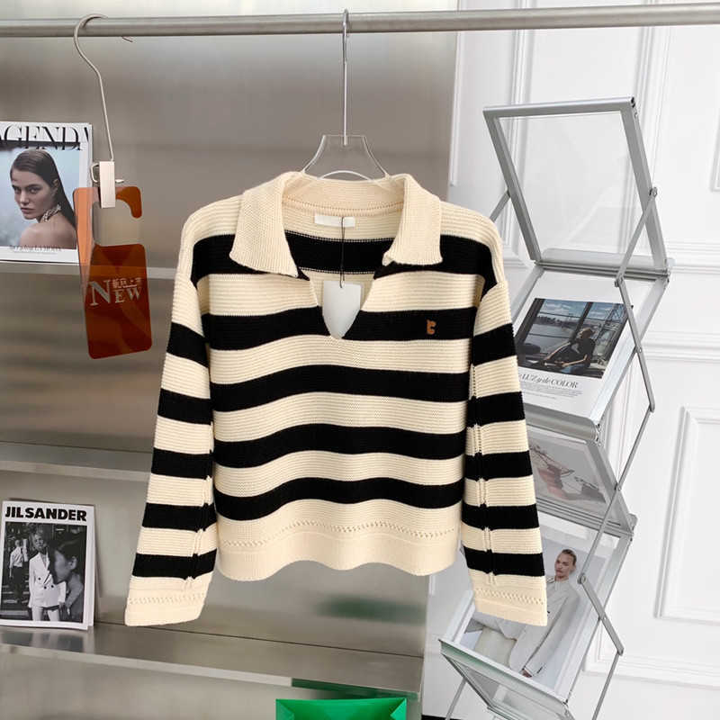 

Women' Jacket Sweater Coat Cell 22FW Celebrity Autumn and Winter 2022 Striped Leather Medallion V-shaped Lapel Long Sleeved Knitwear Cuffs, Classic stripe