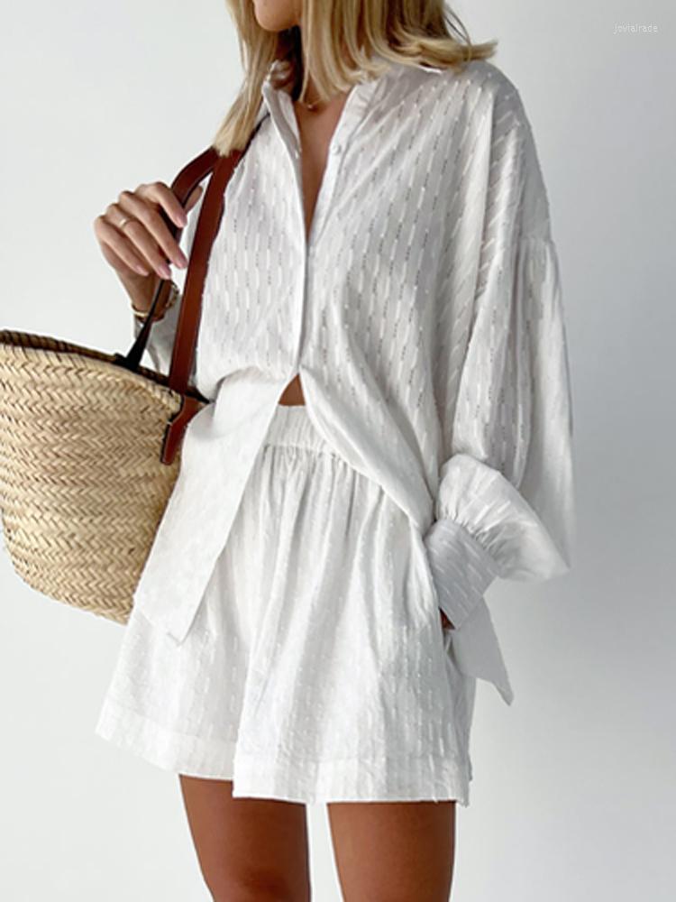

Women' Tracksuits Women Button Shirt Elastic Shorts Loose Suit Office Casual Lapel Straight Outfit Solid Jacquard Hollow Out Long Sleeve, 01 white
