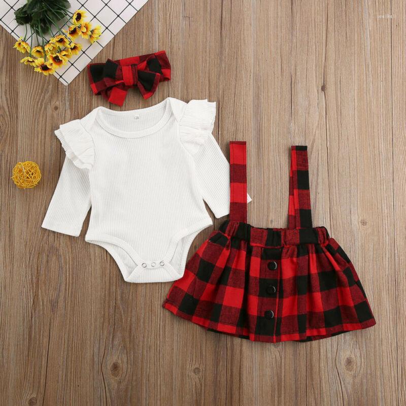 

Clothing Sets 0-18 Months Baby Girl Clothes 3pcs Knitted Tops Romper Plaids Print Bib Dress Headband Born Christmas Outfit, Picture shown