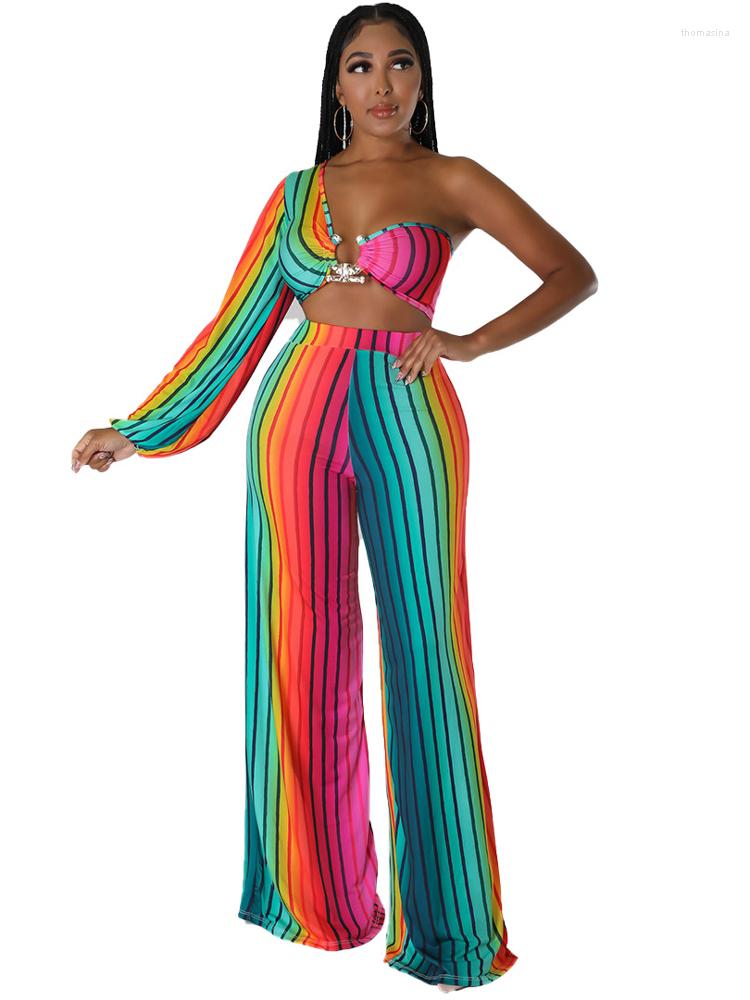 

Ethnic Clothing 2 Piece Set African Clothes Women One Shoulder Crop Tops Wide Leg Pant Suit Summer Striped Print Sexy Outfits 2022