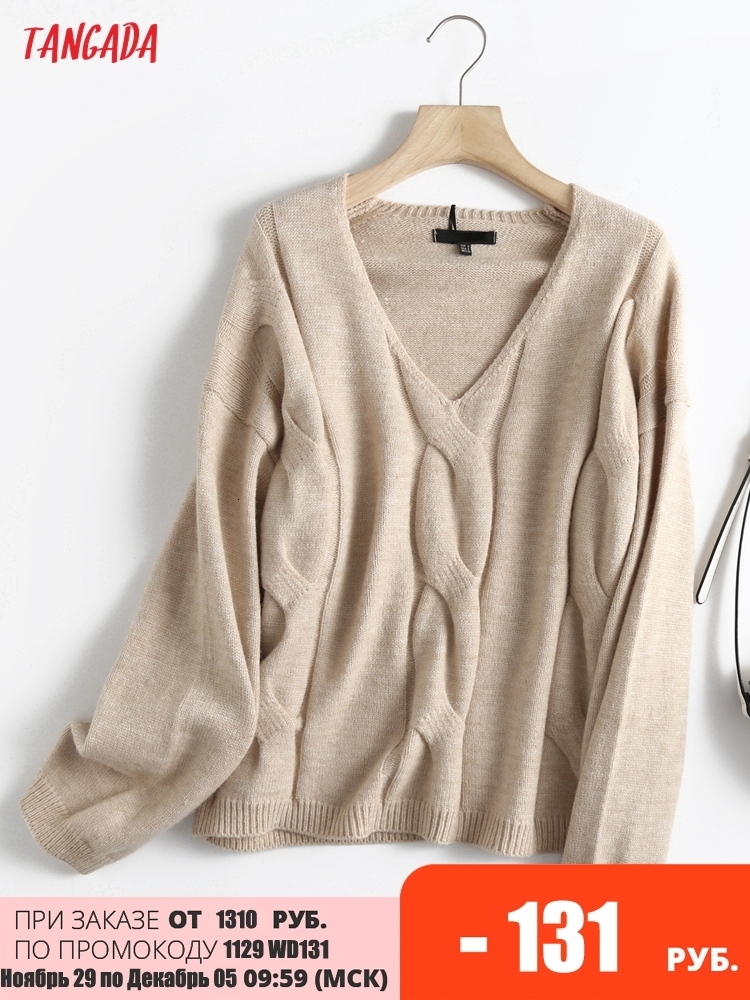 

Women's Sweaters Tangada Women Twist Woolen Knitted Sweater Jumper V Neck Female Elegant Oversize Pullovers Chic Tops 6D110 221201, Khaki