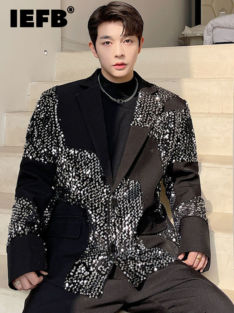 

Men's Suits Blazers IEFB Luxury Sequins Decoration Suit Coat Turndown Necklong Sleeve Personality Design Korean Loose Fashion 9A1927 221201, Black