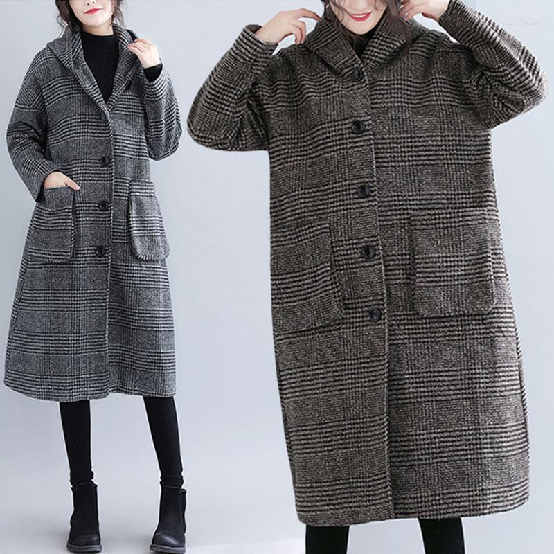 

Women's Wool Blended Woolen Coat Women's Trench 2022 Autumn Winter Hooded Mid-Long Single-breasted Plaid Female Outwear W213, Black