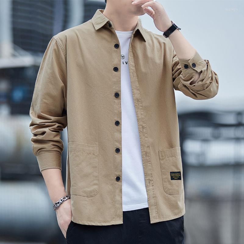 

Men's Casual Shirts Men's Blouse Long Sleeve Cotton Shirt Loose Tops Breathable Spring Autumn 2022 Solid Handsome Men Y51, Khaki