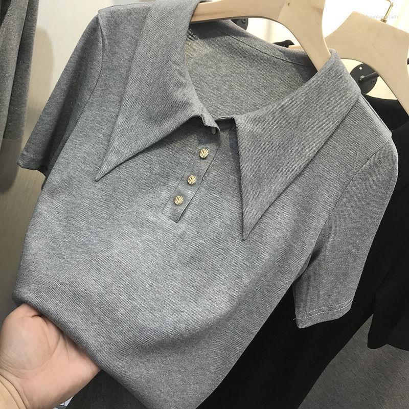 

Women' T Shirts Turn-Down Collar Knitted Button Women T-Shirts Summer 2022 Short-Sleeved Slim Female Pulls Tops, Black