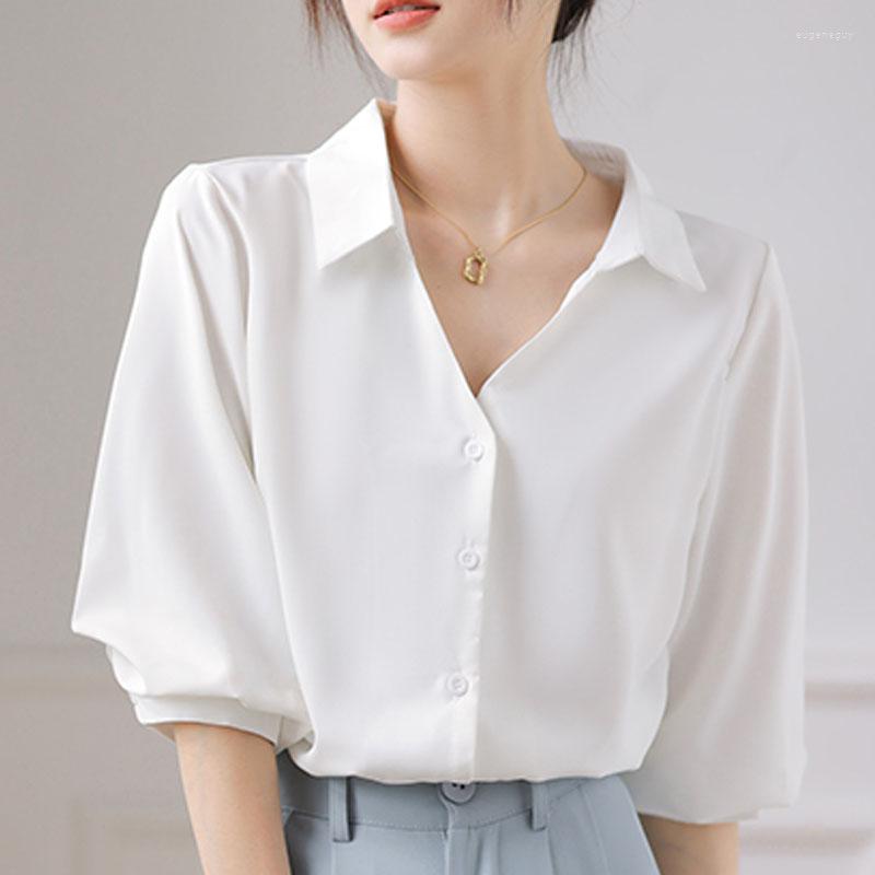 

Women' Blouses White V-Neck Chiffon Shirt Women' 2022 Korean Fashion Clothing Femme Simple Style Three Quarter Button Blusas Mujer