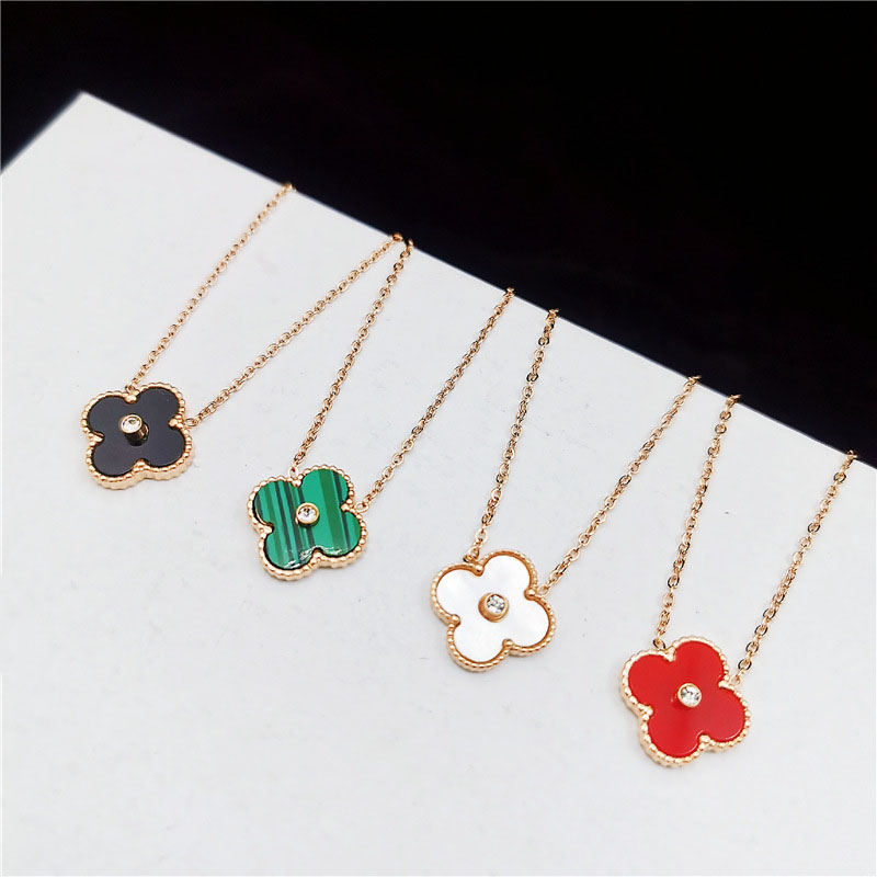fashion korean 18K rose gold green clover pendant necklaces with cross chain choker stainless steel necklace jewelry for women-image-764696732