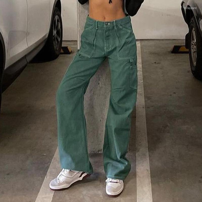 

Women' Jeans 2022 Street Green Low Waist Solid Color Fashion Wild Casual Party Wide Leg Cargo Pants Female All Matching Pocket Trousers