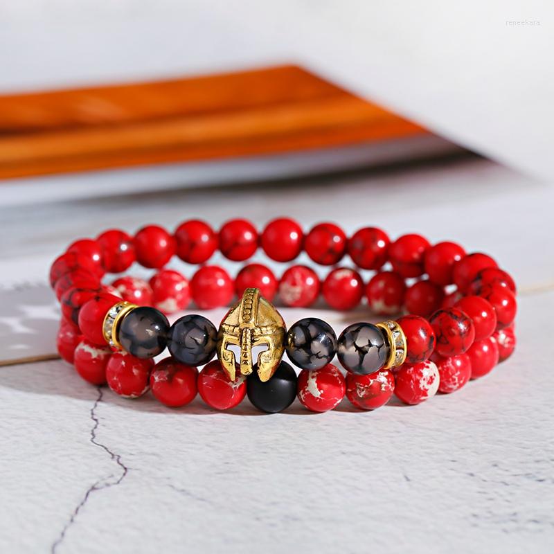 

Strand 2022 Charm Men Bracelet Gold Color Knight Spartan Helmet Vintage Red Imperial Stone Beads Bracelets For Women