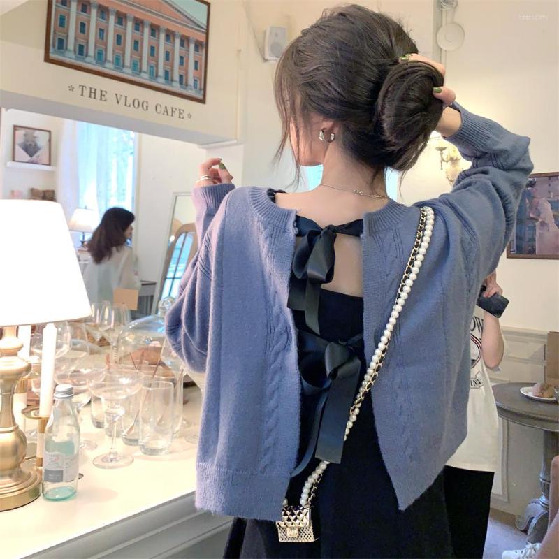 

Women' Knits Casual Elegant Kawaii Cardigan Coat Women French Vintage Butterfly Belt Sweater Jacket Female 2022 Thin High Street Cute, Blue sweater tops