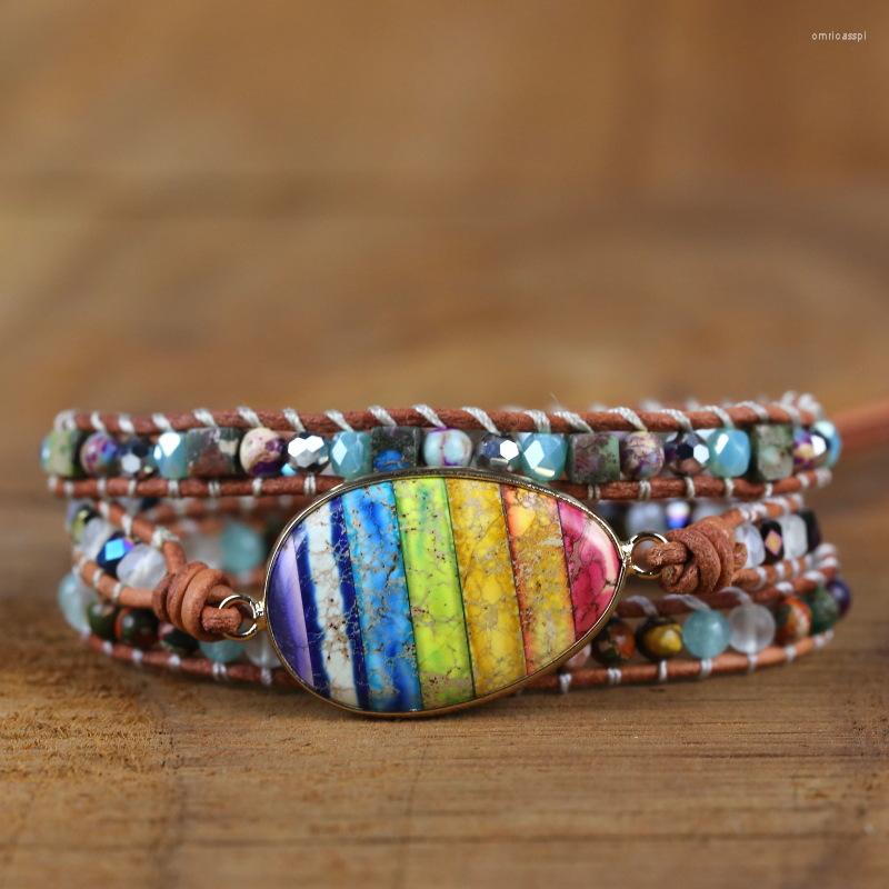 

Strand 7color Imperial Stone Romantic Spiritual Chakra Leather Wrap Bracelets Mix Heart Shape 3 Strands Bracelet Classic Jewelry