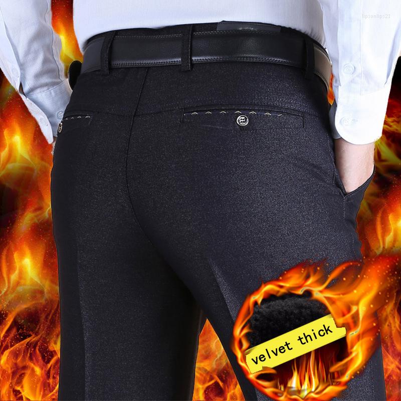 

Men's Suits Middle Aged Mens Casual Pants Autumn Winter Models Plus Velvet Thick Suit Male Loose Classical Men Dress, Black