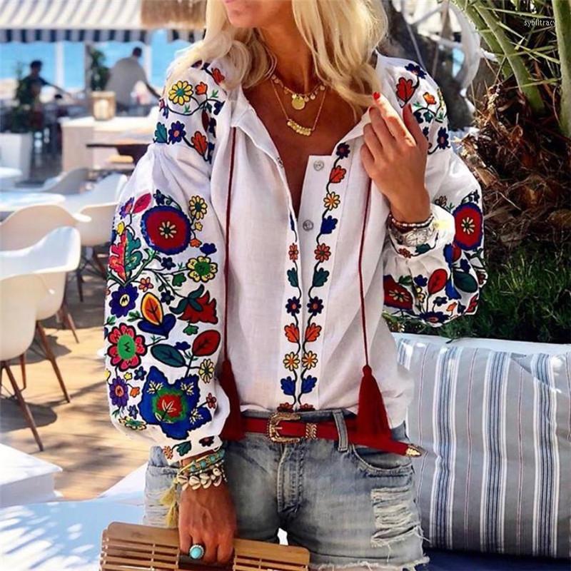 

Women' Blouses 2022 Fashion Womens Flowers Long Puff Sleeve V Neck Shirts Decorative Pattern Loose Tops Casual Lady Shirt Blouse, White