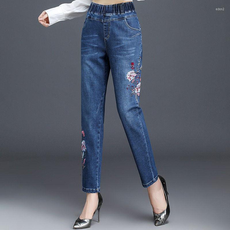 

Women's Jeans Women 2022 Korean Spring Summer Streetwear High Waist Denim Trousers Vintage Floral Embroidery Blue Femme Harem Pants, Blue black
