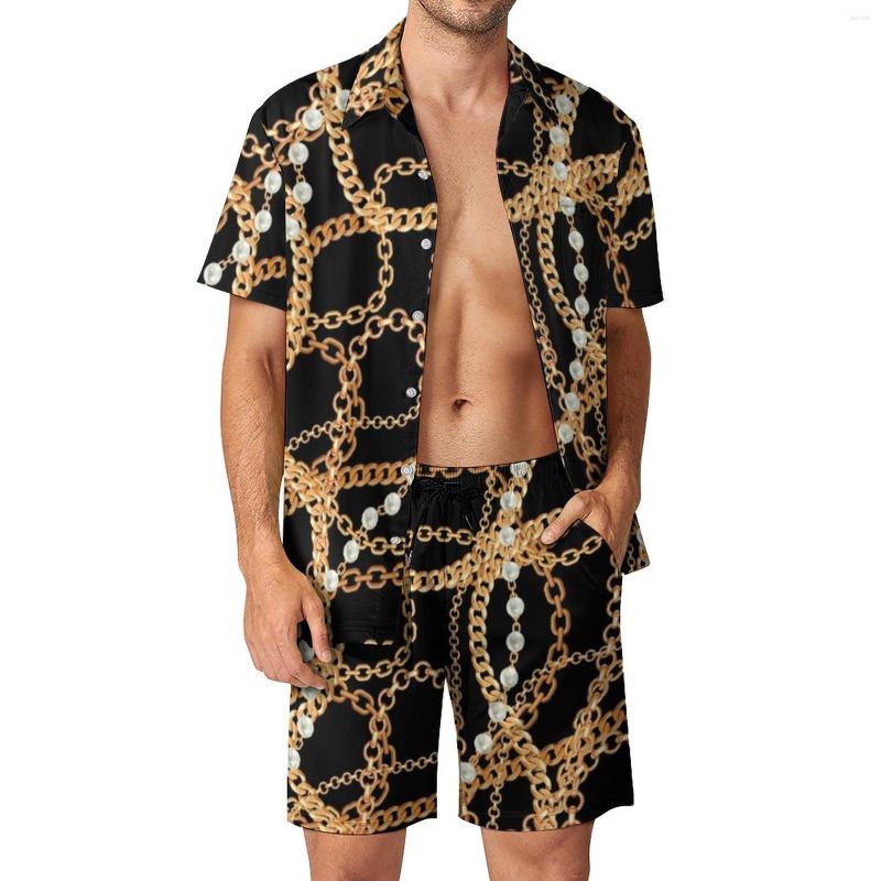 

Men's Tracksuits Gold Chains Men Sets Pearl Strand Jewelry Print Casual Shorts Beachwear Shirt Set Summer Retro Suit Short Sleeve Oversized, Style-6