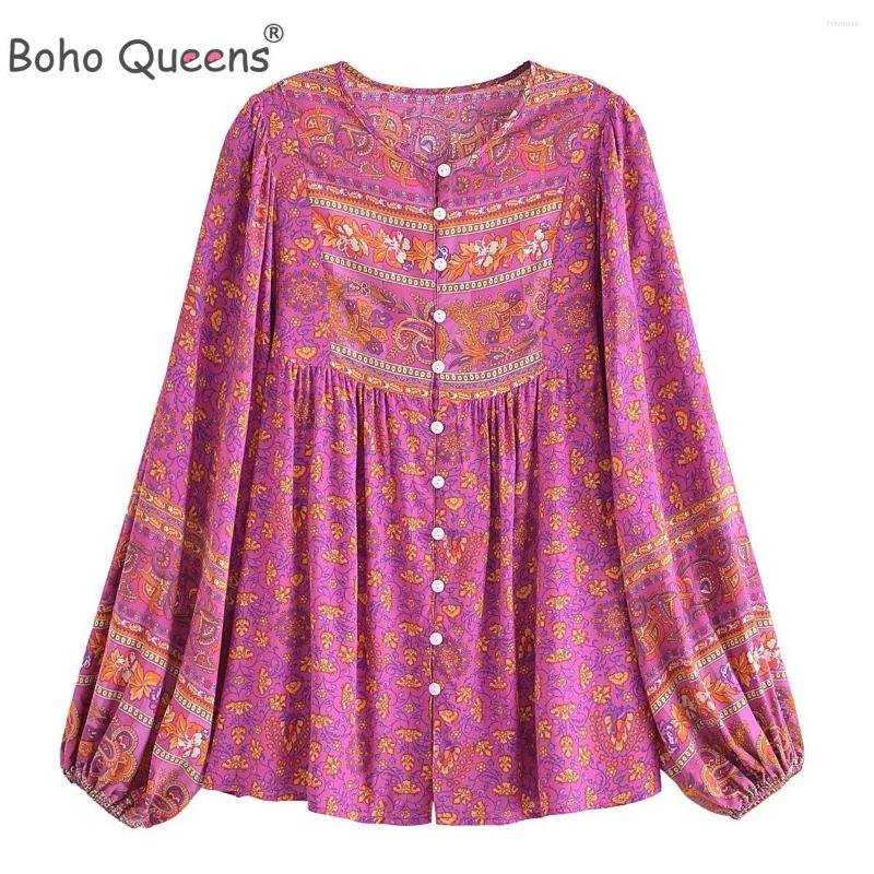 

Women' Blouses Boho Queens Vintage Multi Floral Print Front Button Loose Ladies Lace-up O-Neck Long Sleeve Beach Shirts Tops Blusas, Green