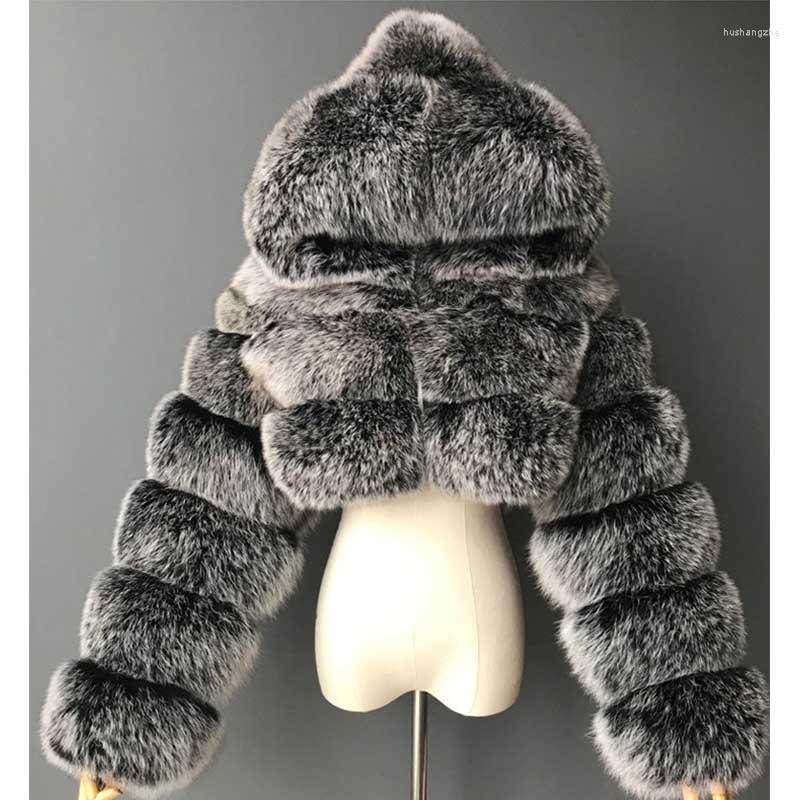 

Women' Fur European Women' Winter Fashion Luxury Imitation Jacket Splicing With Cap Female Short Warm Coat, Gray
