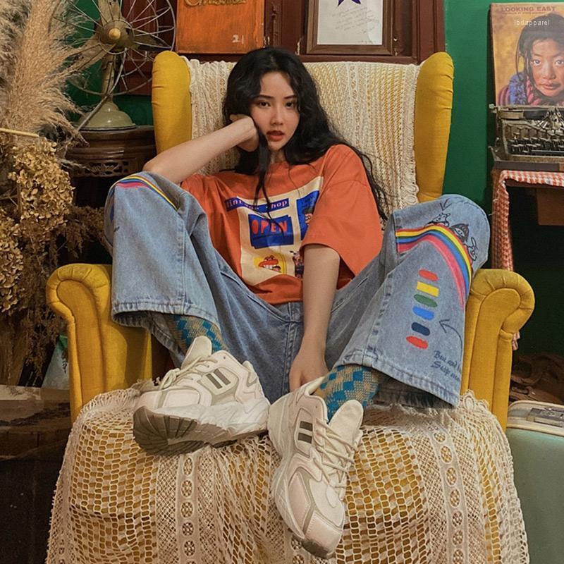 

Women' Jeans Women' Summer Korean Style Straight Retro Personality Niche Graffiti Casual Loose Wild Wide-leg Trousers Trendy Women, Rainbow pants