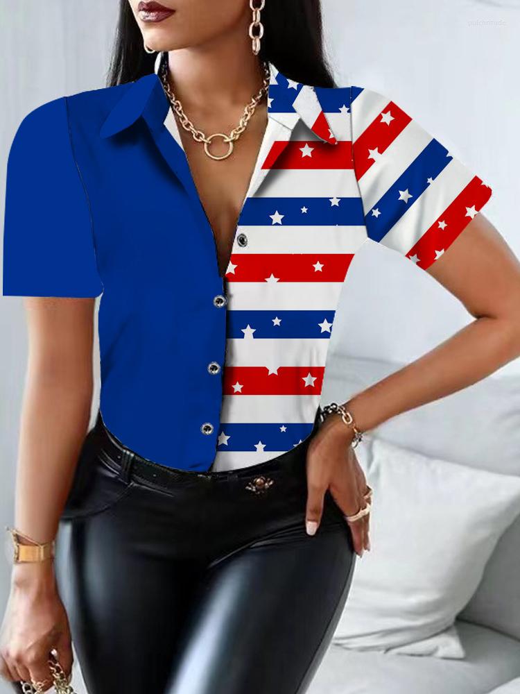 

Women' Blouses Summer Fashion Flag Print Shirt Top Women Casual Short Sleeve Lapel Button Cardigan Shirts For Women' Elegant Slim Tops, 55