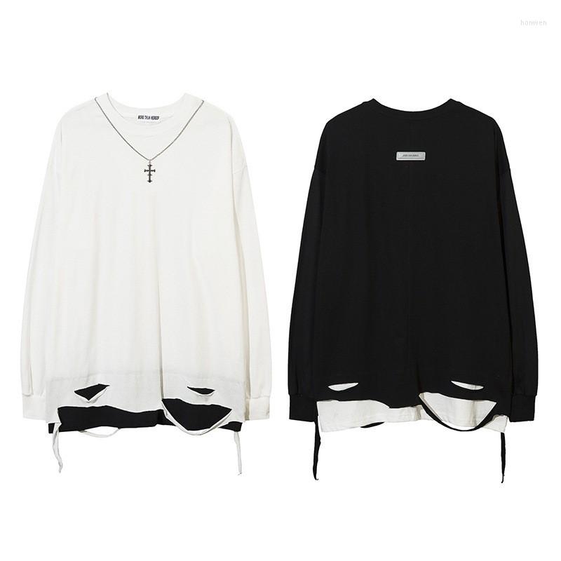 

Men' Hoodies Dark Fashion False Two Design Necklace Long Sleeve Sweatshirt Personality Hip Hop High Street Casual Holes Sweaktershirt, Black