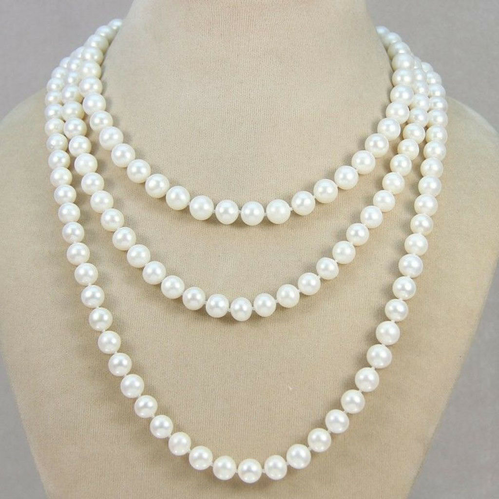 

Fashion Jewelry Long 100'' 7-8mm White Freshwater Pearl Necklace AAA