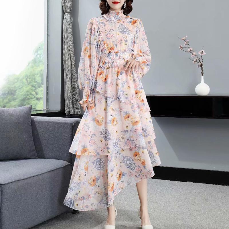 

Casual Dresses 2022 Summer Style Bohemian Retro Print Flowers Long Sleeve Elastic Slim Fit Mid-Length Chiffon Dress Women' Clothing, Multi