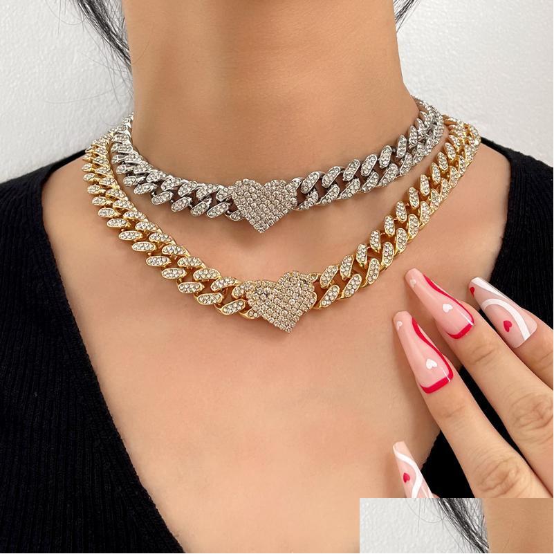 

Chains Chains Flatfoosie 1M Hip Hop Miami Curb Cuban Chain Necklace For Women Iced Out Rhinestone Link Heart Choker Rapper Jewelrych Dhgzu