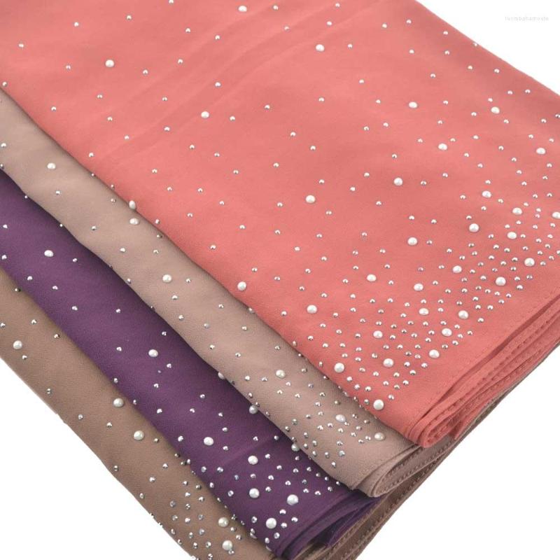 

Scarves High Quality Bubble Chiffon Scarf With Pearls Muslim Hijab Solid Color Instant Shawls Paillette Stud Beach Wrap
