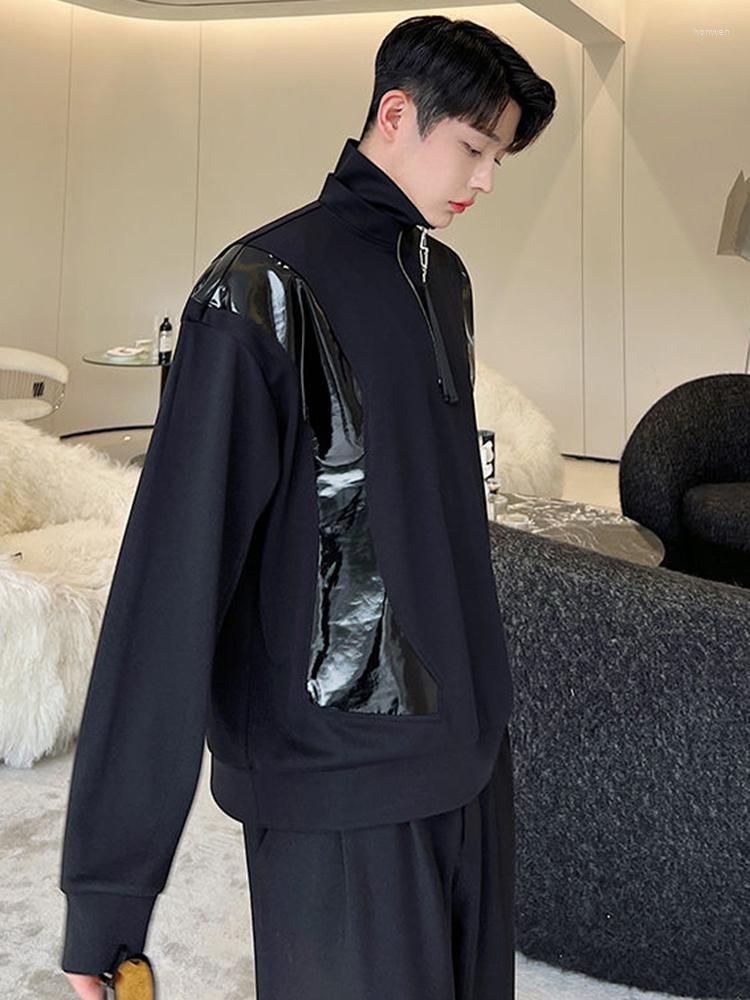 

Men's Hoodies Designer Men Sweatshirt Autumn PU Leather Patchwork High Collar Zipper Loose 2023 Solid Color Long Sleeve Male Tops 2A5273, Black