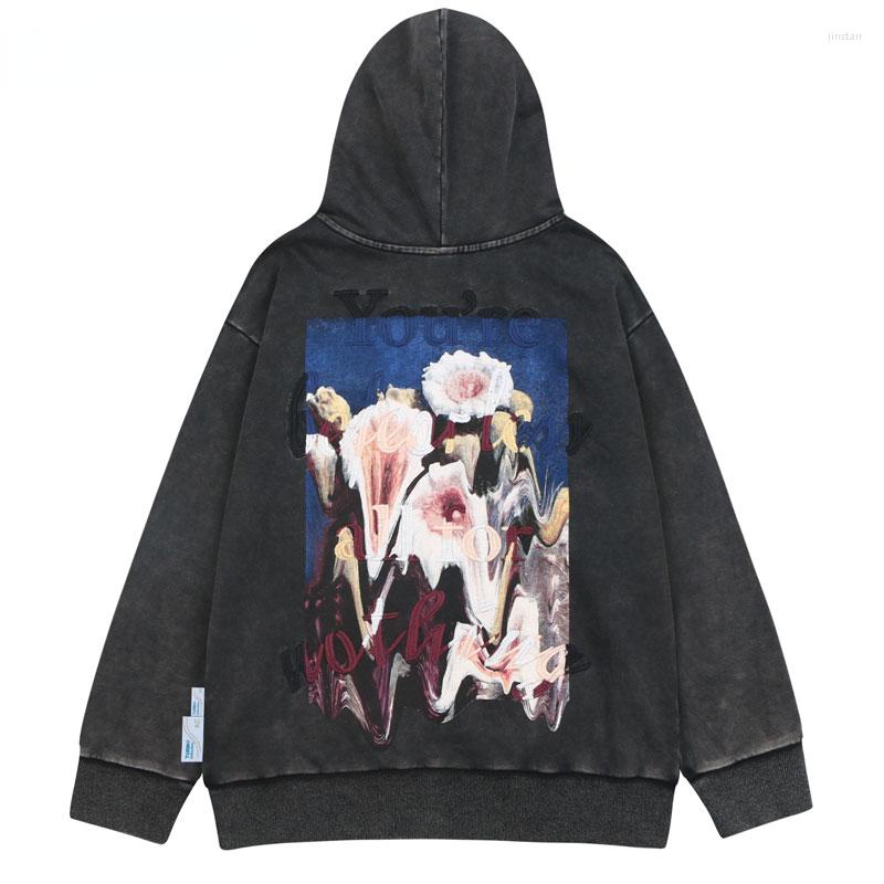 

Men' Hoodies Vintage Sweatshirt Hoodie Coat Y2K Grunge Hip Hop Embroidery Letter Floral Print Zip Up Hooded Jacket Harajuku Punk Gothic, Black