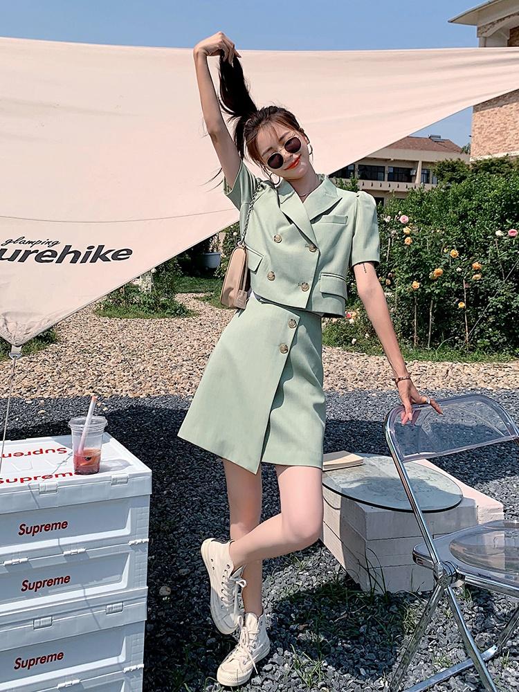 

Two Piece Dress Blazer And Skirt Set 2022 Summer Women Elegant Korean Slim Solid Color Short Suit Jacket Coat Mini Skirts Outfits T168, Pink