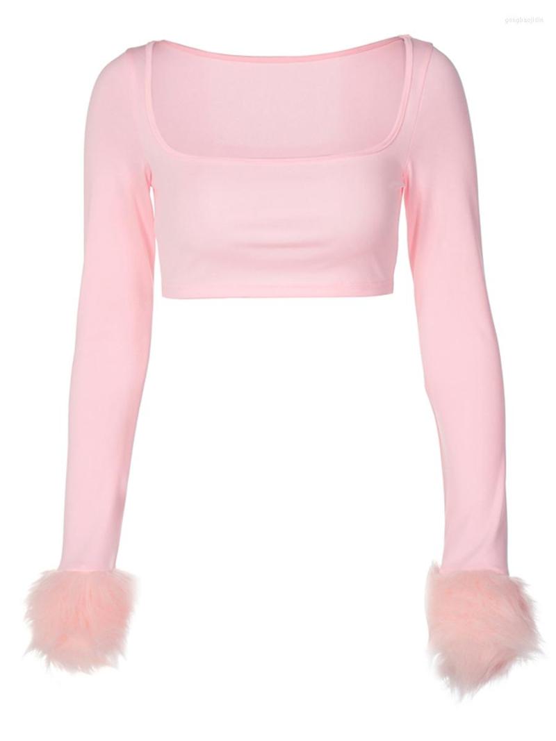 

Women' Vests Women Long Sleeve Crop Top Solid Color Feather Plush Workout Tops Sexy Low Cut Pullover Shirt, Black