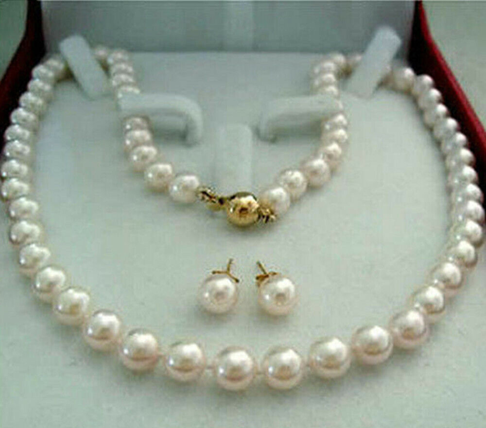 

Fashion 8-9mm Natural White Akoya Cultured Pearl Necklace Earrings Set AAA