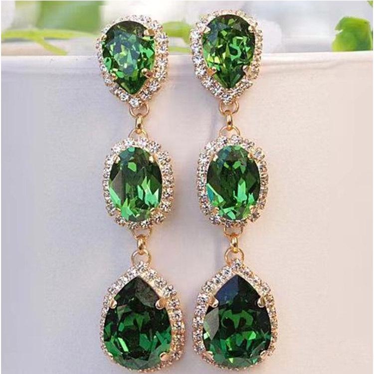 

Dangle Earrings Female Crystal Water Drop Stone Gold Plated Wedding Royal Blue Green Pink Zircon Long For Women