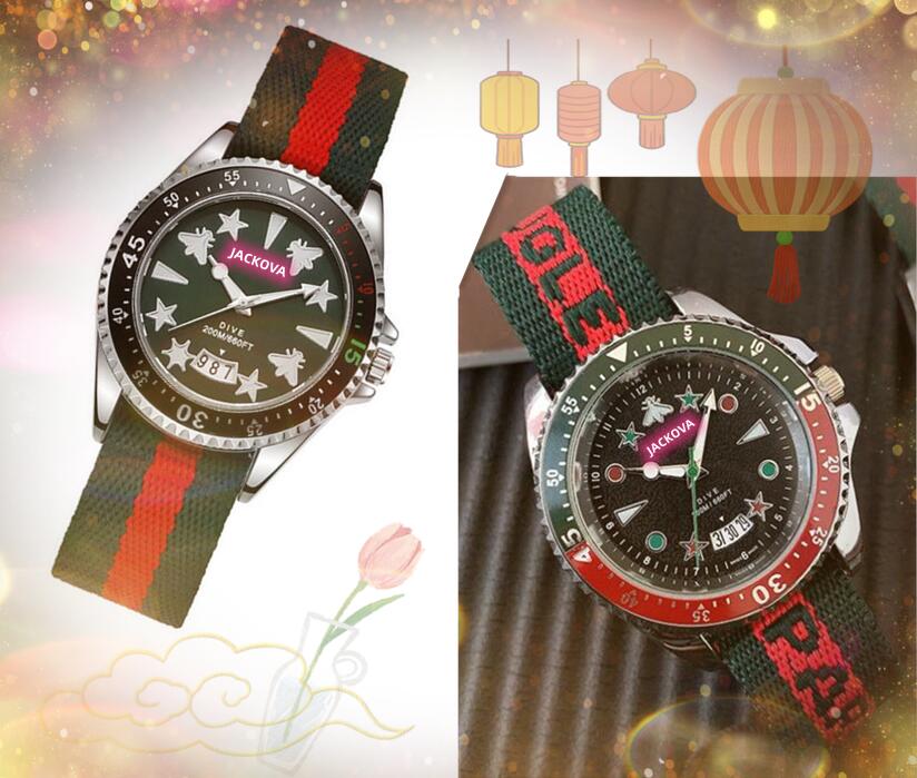 

Couple quartz mens womens bee star watches 45mm auto date big diamonds ring leather red blue nylon bel Elegant Business Casual Wristwatches montre de luxe gifts, As pic