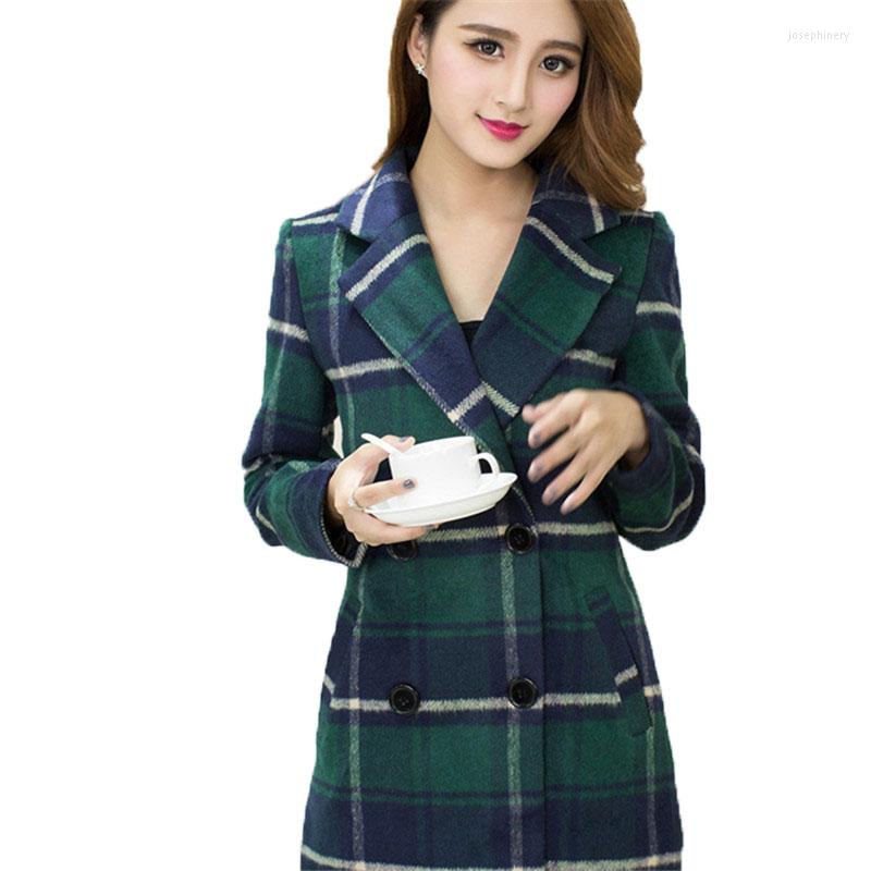 

Women' Wool Autumn Winter Women Jacket 2022 Plaid Blended Woolen Coat Fashion Double-Breasted Casual Slim Outerwear Female, Dark green plaid