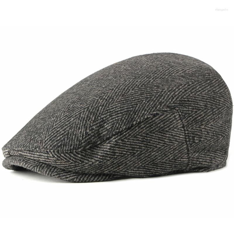 

Berets HT2212 Spring Autumn Men Caps Vintage Retro Striped Ivy Sboy Flat Male Wool Beret Hats Classic Cap, Black