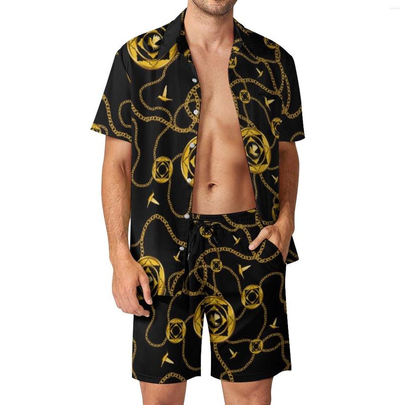 

Men's Tracksuits Trend Chain Print Men Sets Golden Design Casual Shirt Set Hawaii Beachwear Shorts Summer Suit Two-piece Large Size, Style-11