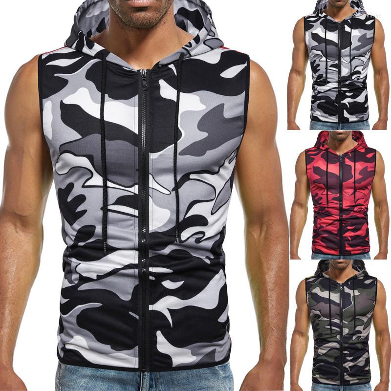 

Men's Tank Tops Summer Men's Zipper Hooded Sleeveless Casual Short-sleeved Personalized Camouflage Print Fitness Sports Vest Slim, Black and white
