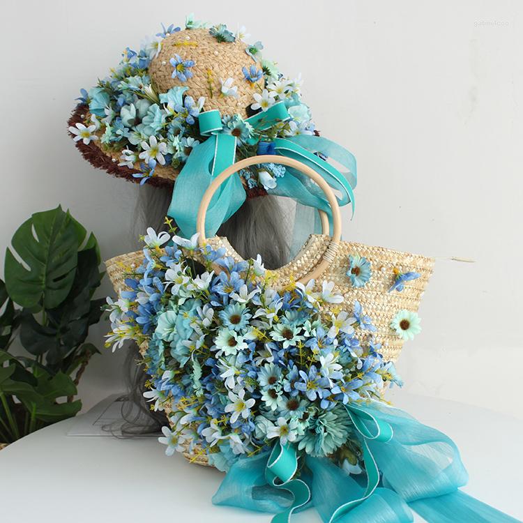 

Duffel Bags Customized High-end Artificial Coloful Flower Rattan Beach Bag Women Fashion Straw Wave Summer Holiday Lady Tote Hat Suit Blue