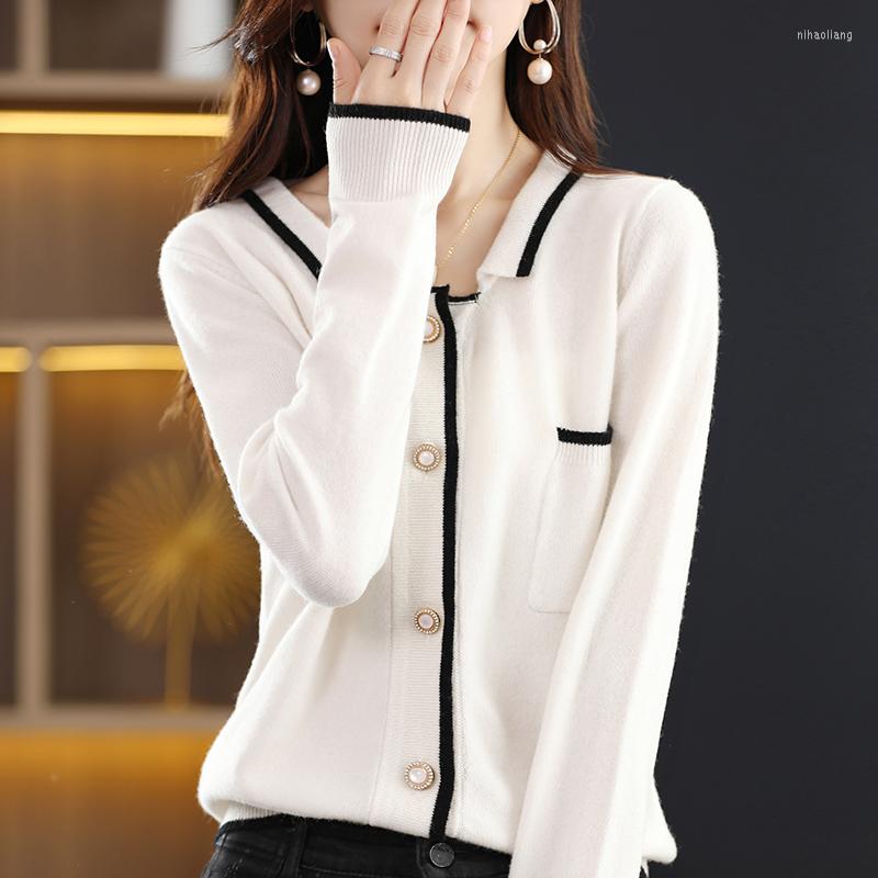 

Women's Knits Autumn/Winter Ladies Cardigan POLO Collar Pure Wool Knit Women's Jacket Fashion Colorblock Sweater, Black