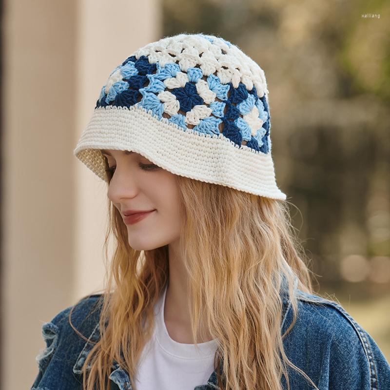 

Berets Hand-knitted Flower Hollow Bucket Hat Autumn Winter Crochet For Girls Warm Fisherman Cap Wide Brim Panama Woman Knit, Blue