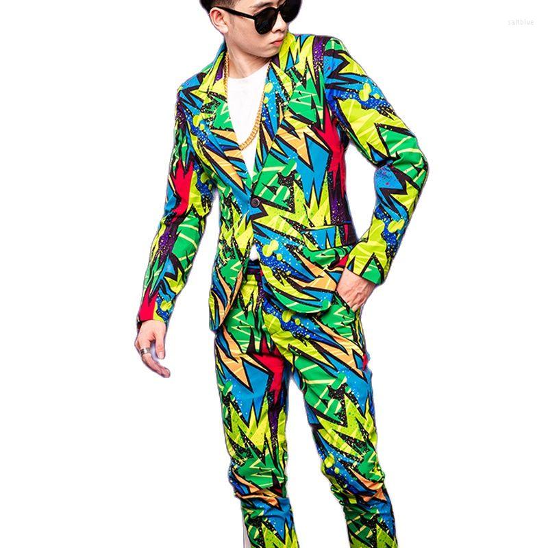 

Men' Suits -5xl 2022 Men' Long Suit Plus Size Graffiti Print Slim Fit Jacket Fashion Dj Scotland Nightclub Performance Show, Suit trousers