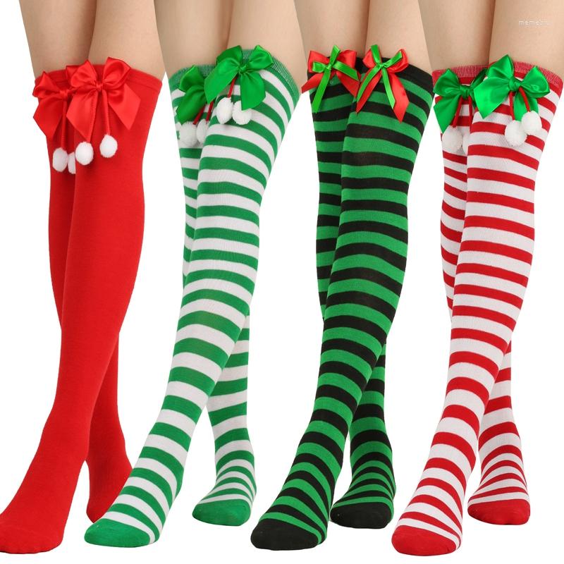 

Women Socks Bowknot Ball Christmas Over The Knee Striped For Girls Thigh High Long Warm Cotton Stockings, Color 12