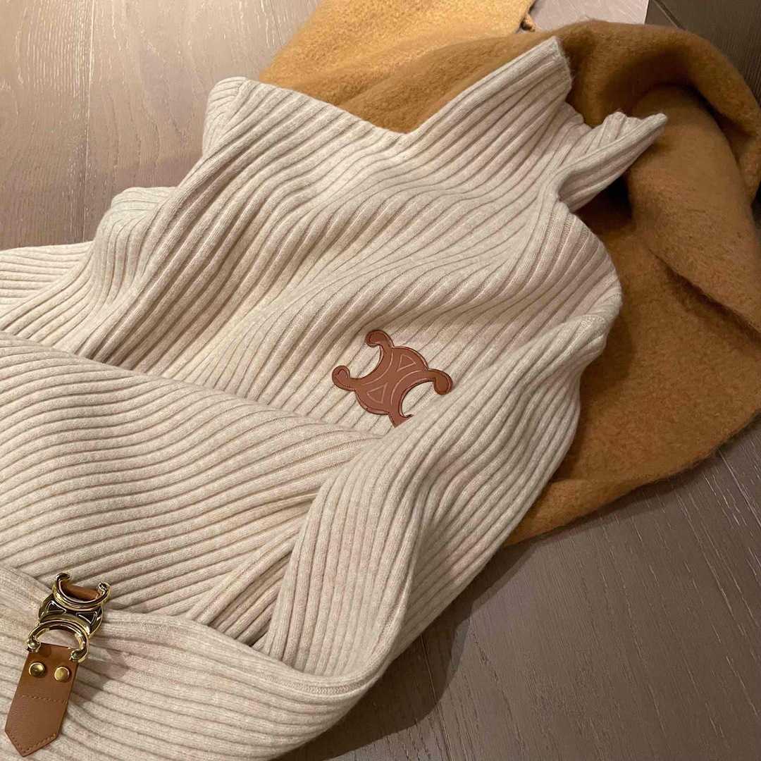 

Women's Jacket Sweater Coat Cell 22FW Celebrity Ce22 Autumn and Winter Leather Cuffs Metal High Neck Strip Fitting Versatile SweaterElegant, Black