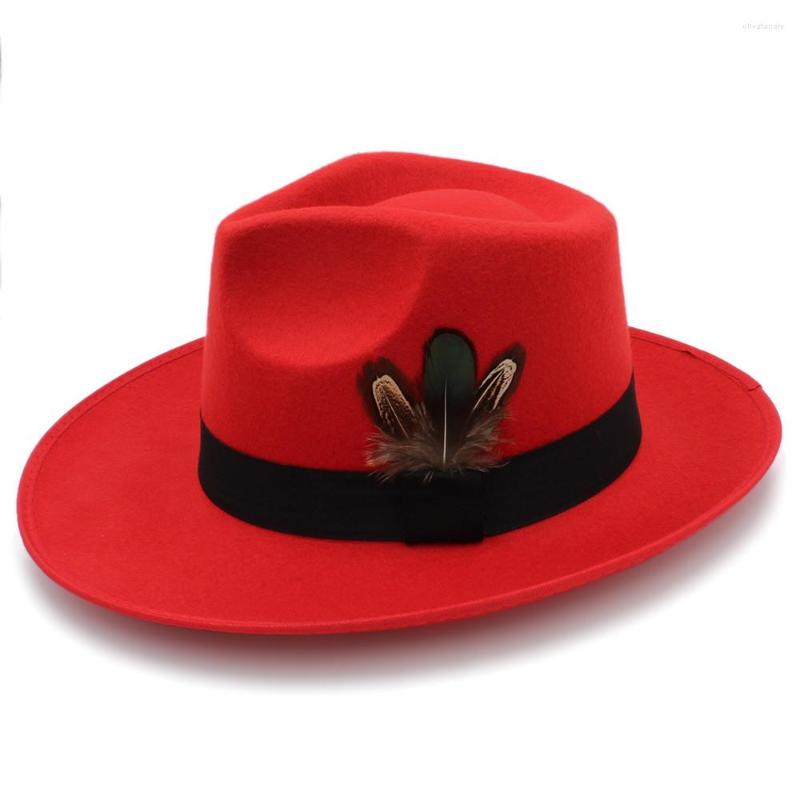 

Berets Fashion Women Felt Fedora HaT With Wide Brim Jazz Panama Elegant Lady Sombrero Feather Punk Belt Size 58CM, Black