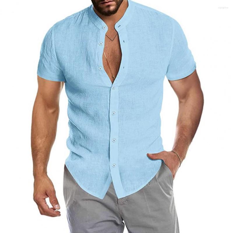 

Men's Casual Shirts Men Shirt Blouse Slim Fit Stand Collar Short T-shirt Pure Color Single-breasted Cardigan Summer Tops For Daily Clothes, Light blue