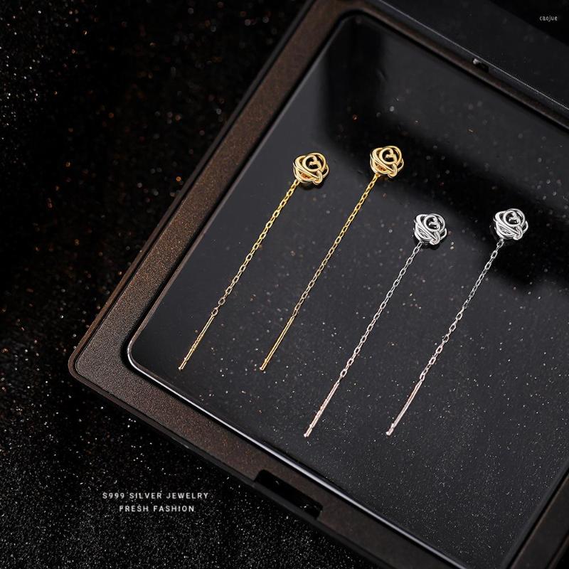 

Stud Earrings S999 Sterling Silver Hollow Rose Flower Tassel Elegant French Vintage Ear Wires Female Women Suit Jewelry